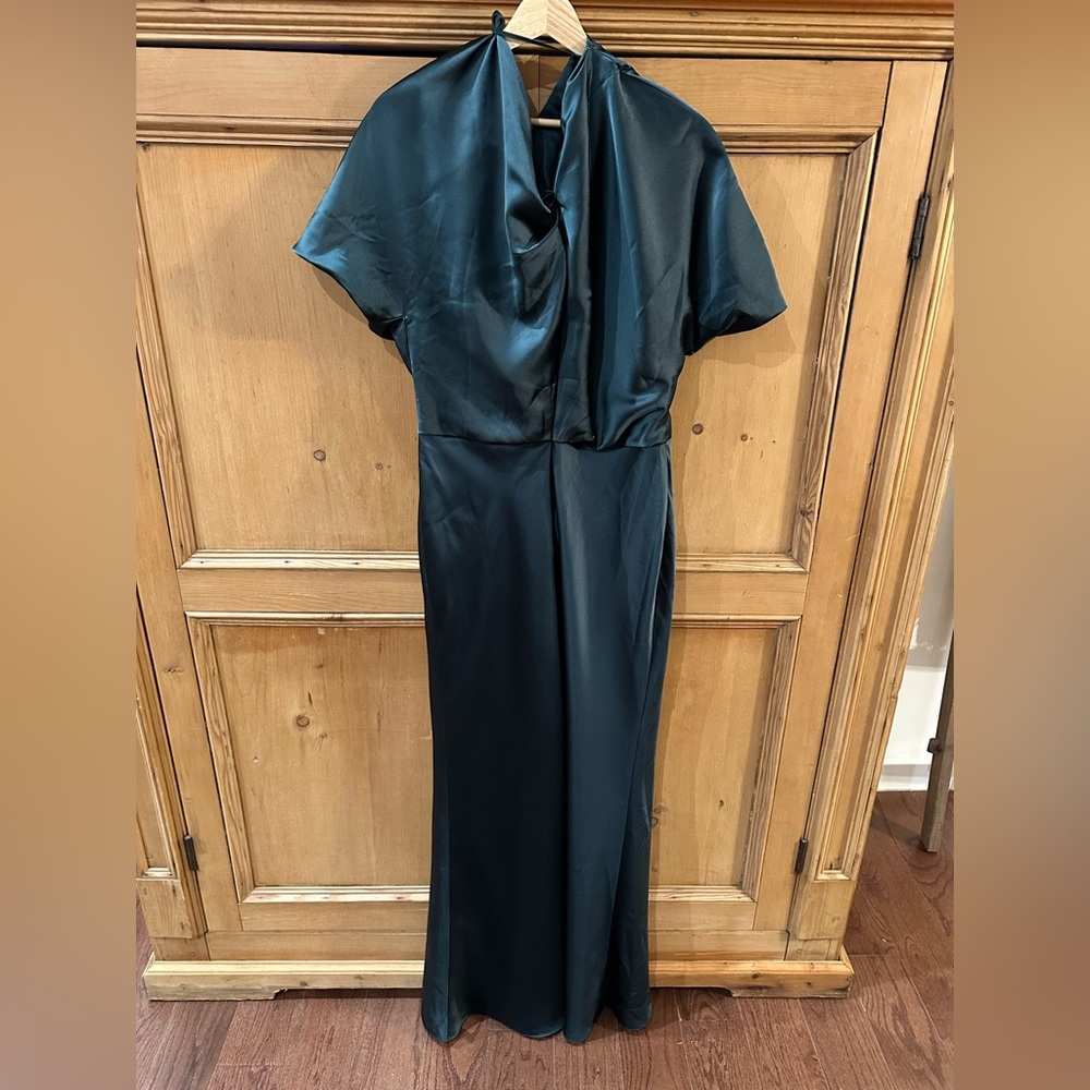 Anthropologie Deep Emerald One-Shoulder Satin Gown - Picture 5 of 7